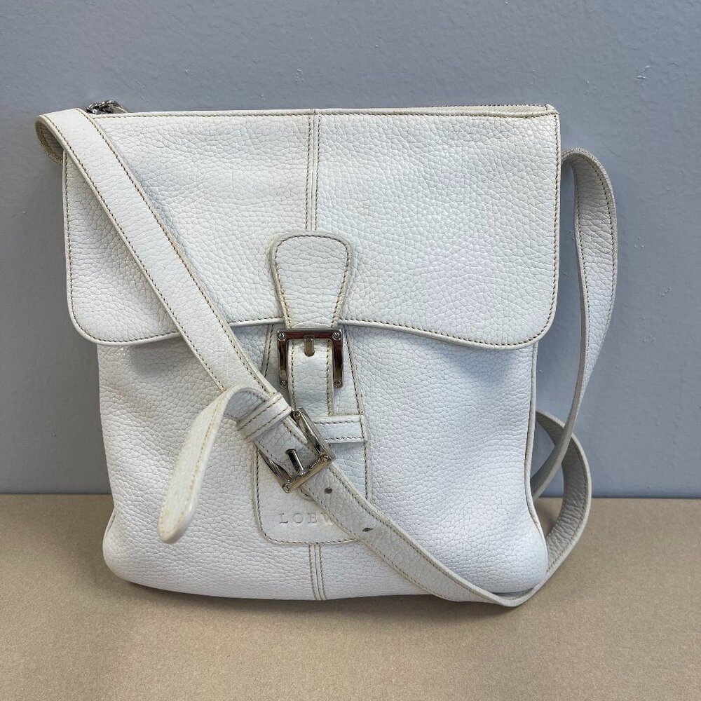 Loewe Vintage White Pebbled Leather Buckle Flap Crossbody Bag - Preowned